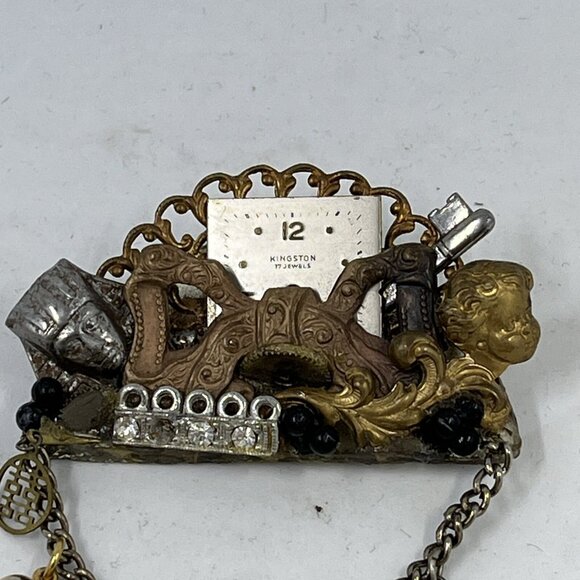 Vintage Maximal Art Collage Brooch Pin Mixed Materials Signed 80 Art Assemblage - Picture 5 of 11